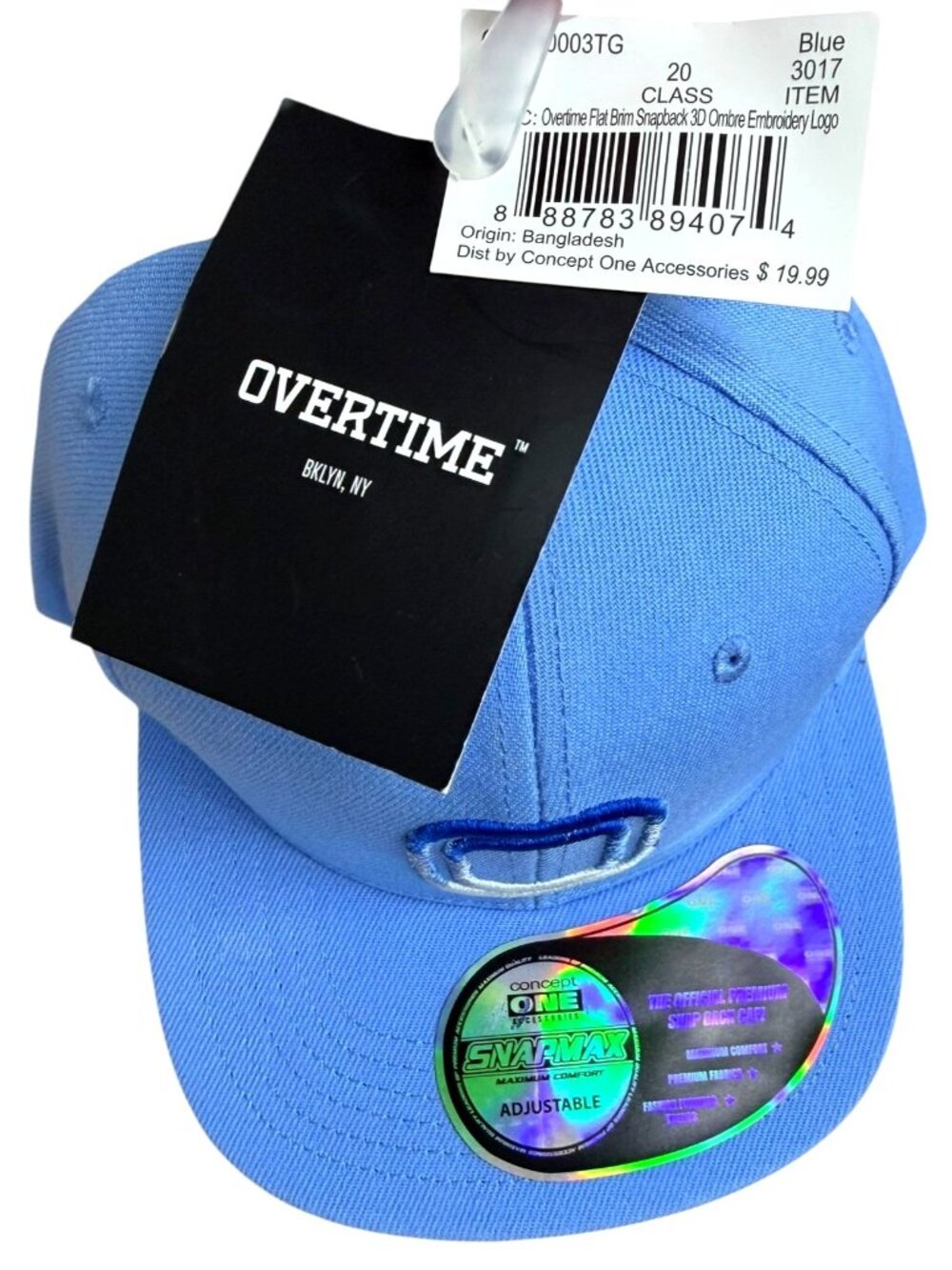 Overtime Flat Brim Snapback Cap 3D Ombre Embroidery Logo Adjustable Blue NWT